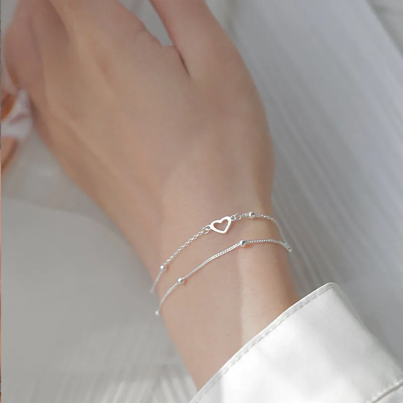 925 Sterling Silver Double Layer Round Bean Heart Shaped Bracelet For Women Sweet Jewelry Girls Birthday Party Gifts