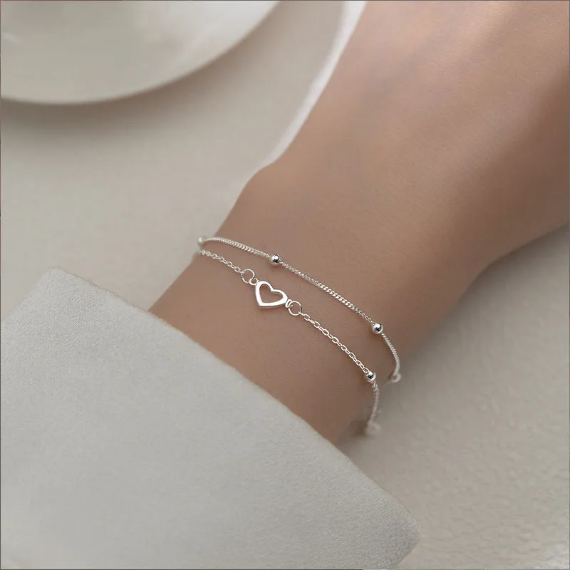 925 Sterling Silver Double Layer Round Bean Heart Shaped Bracelet For Women Sweet Jewelry Girls Birthday Party Gifts