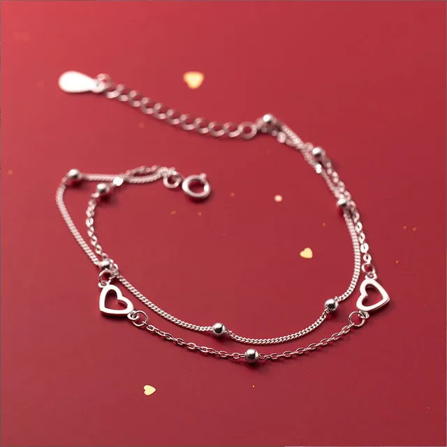 925 Sterling Silver Double Layer Round Bean Heart Shaped Bracelet For Women Sweet Jewelry Girls Birthday Party Gifts