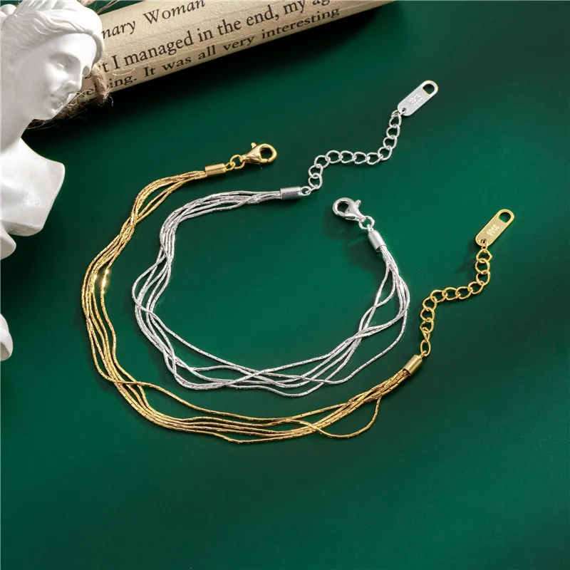 Genuine S925 Sterling Silver Fashion Multilayer Line Silk Satin Bracelet for Women Simple Design Jewelry Wholesale Gold Color