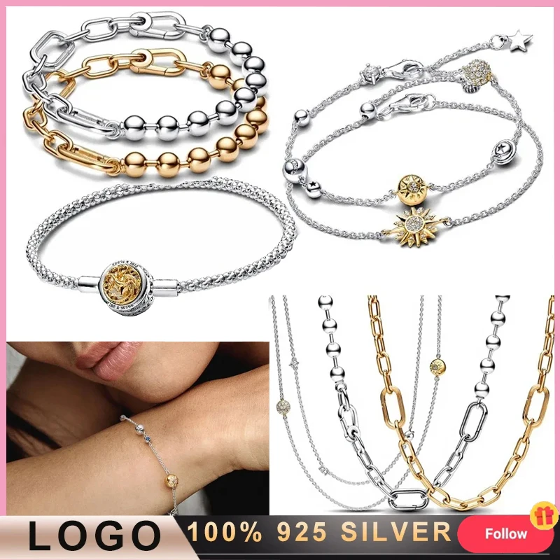 High Quality Women's 100% 925 Silver Original Logo Strength Necklace ME Series Two tone Shining Solar Chain Bracelet