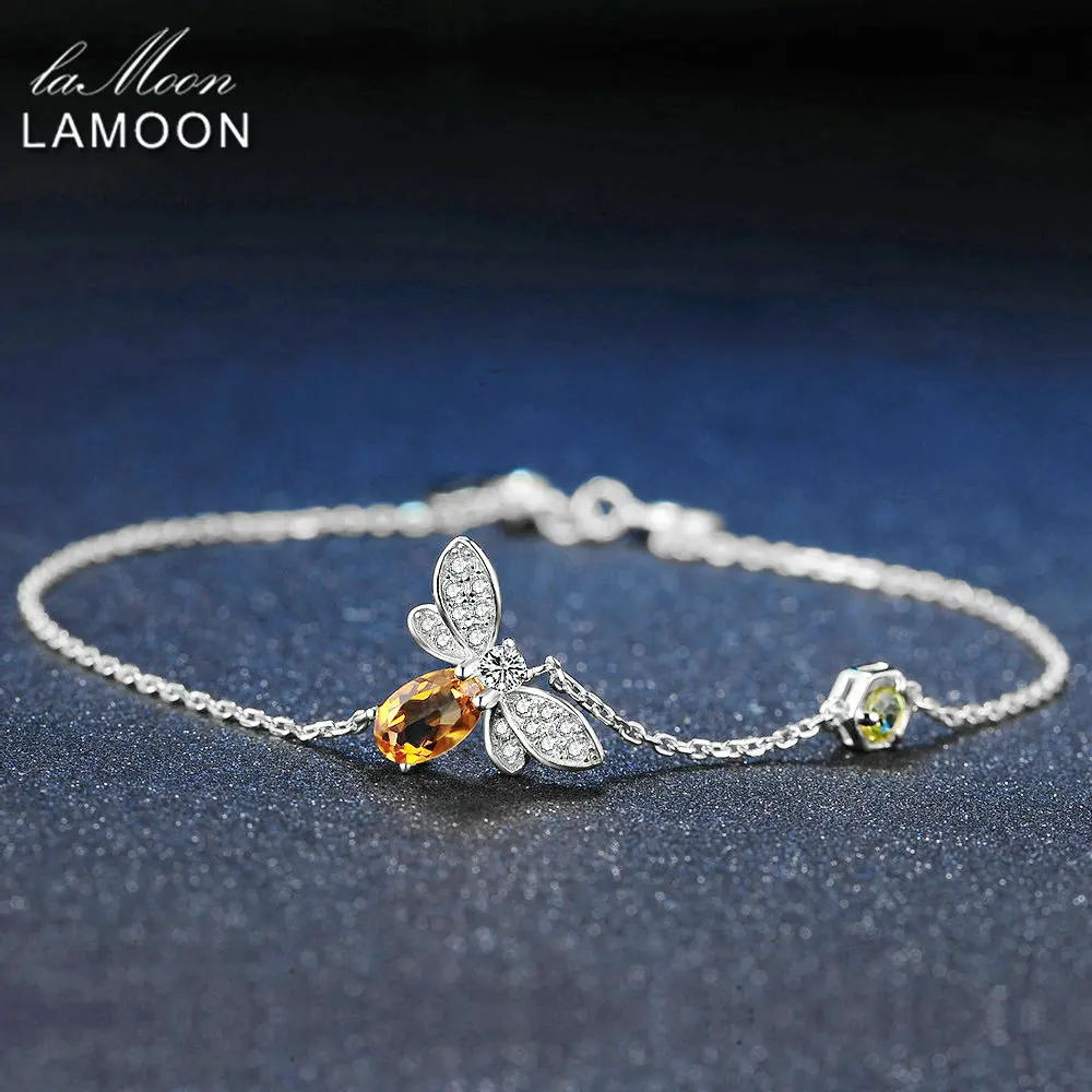 LAMOON Love Bee 925 Sterling Silver Bracelet Woman Citrine Gemstones Jewelry White Gold Plated Chain Designer Jewellery LMHI059