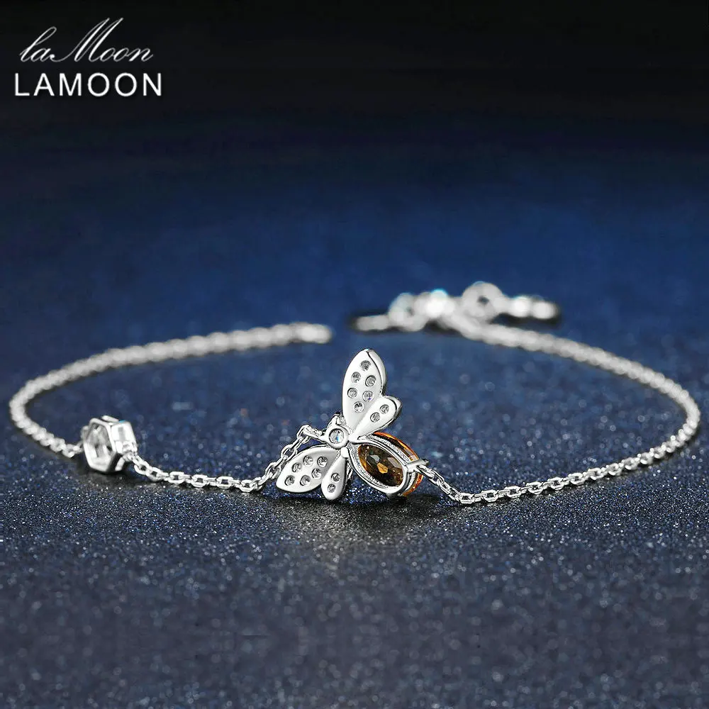 LAMOON Love Bee 925 Sterling Silver Bracelet Woman Citrine Gemstones Jewelry White Gold Plated Chain Designer Jewellery LMHI059