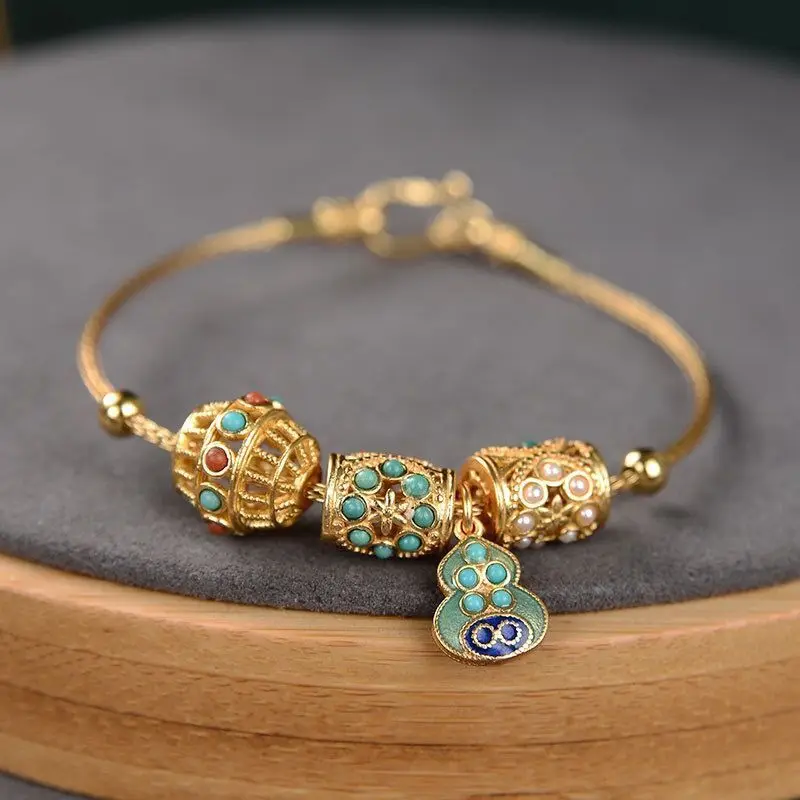 Ancient Gold Turquoise Gourd Bracelet Women's Retro Royal Court Style Lotus Seedpod Gourd Bracelet Ornament