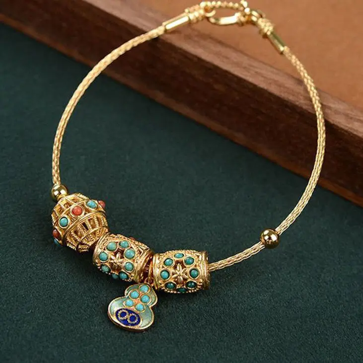 Ancient Gold Turquoise Gourd Bracelet Women's Retro Royal Court Style Lotus Seedpod Gourd Bracelet Ornament