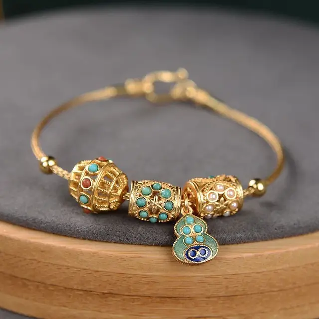 Ancient Gold Turquoise Gourd Bracelet Women's Retro Royal Court Style Lotus Seedpod Gourd Bracelet Ornament