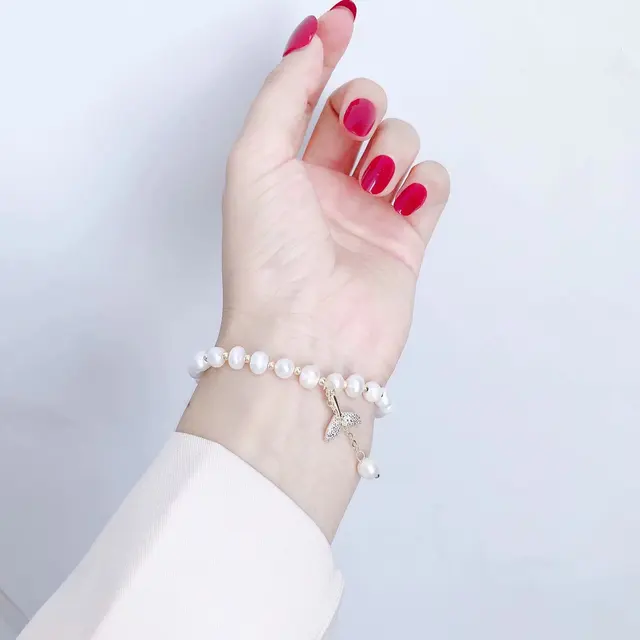 Japanese&Korea Delicate Jewelry  AAA Zircon Bangle&bracelet for Women Freshwater Pearl Fish Tail Bracelet