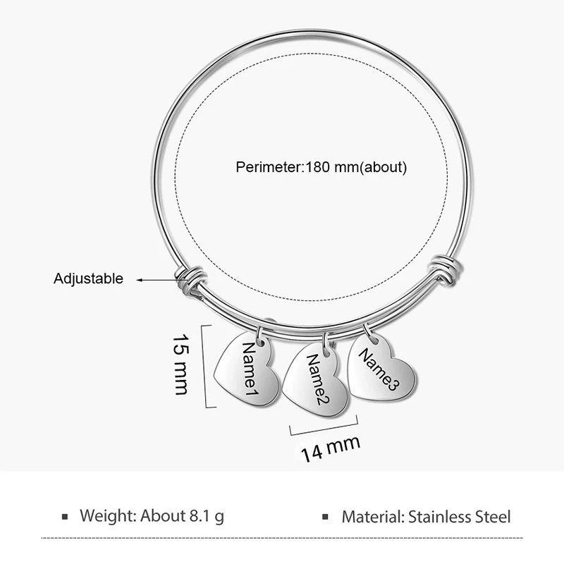 Customized Stainless Steel Name Bangles for Women Personalized Heart Charm Bracelet Engrave Date ID Jewelry