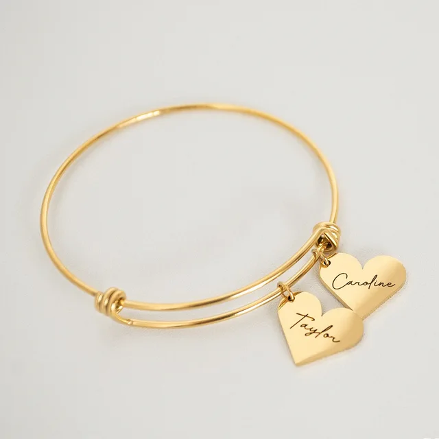 Customized Stainless Steel Name Bangles for Women Personalized Heart Charm Bracelet Engrave Date ID Jewelry