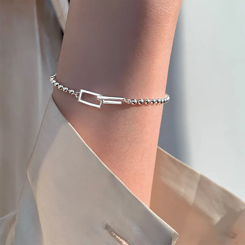 925 Sterling Silver Geometric Square Bead Bracelet Women's Fashion Simple Bracelet Wedding Temperament Jewelry Birthday Gift