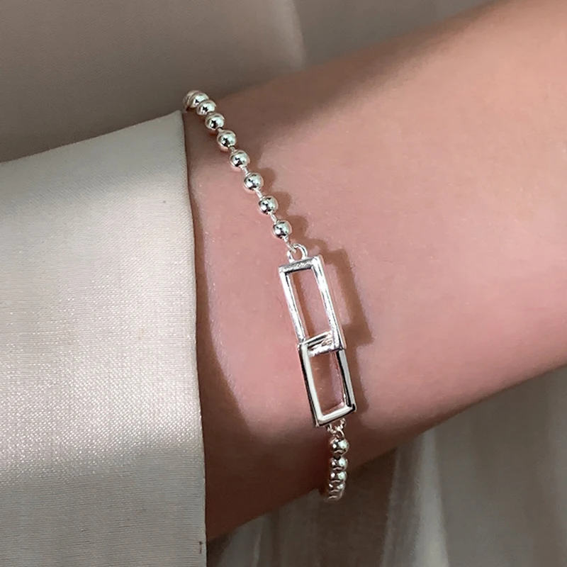 925 Sterling Silver Geometric Square Bead Bracelet Women's Fashion Simple Bracelet Wedding Temperament Jewelry Birthday Gift