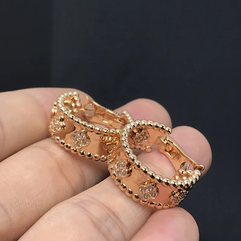 Fashionable Ring Diamonds with Lucky Grass Earrings for Women Rose Gold Charm Luxury Jewelry Party Brand Accessories