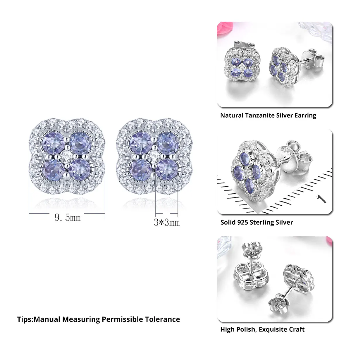 Natural Tanzanite Sterling Silver Stud Earring 1.2 Carats Light Purple Tanzanite Women S925 Simple Classic Fine  Jewelrys