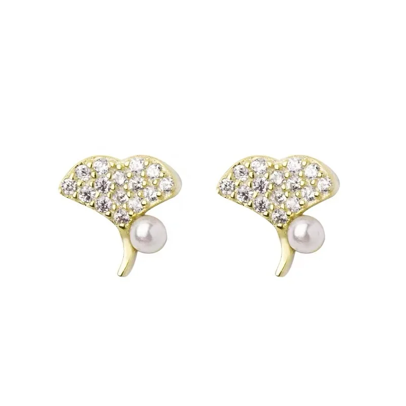 Real Money 925 Sterling Silver 14K Gold Ginkgo Biloba Leaves Pearl ​Zircon Stud Earrings Piercing Jewelry For Woman