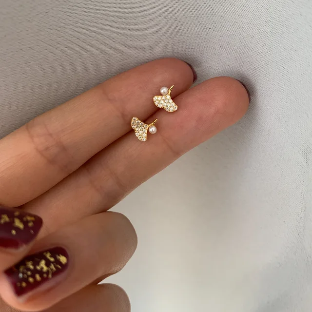 Real Money 925 Sterling Silver 14K Gold Ginkgo Biloba Leaves Pearl ​Zircon Stud Earrings Piercing Jewelry For Woman