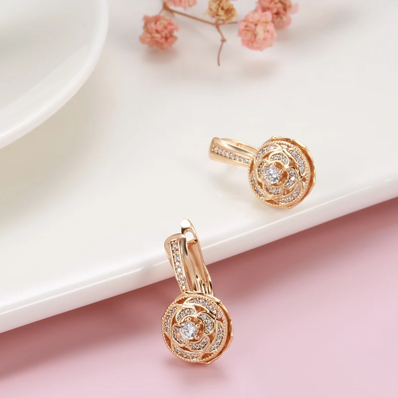 Kinel 585 Rose Gold Color Flower Drop Earrings for Women Micro Inlay Natural Zircon Accessories Vintage Fine Daily Jewelry