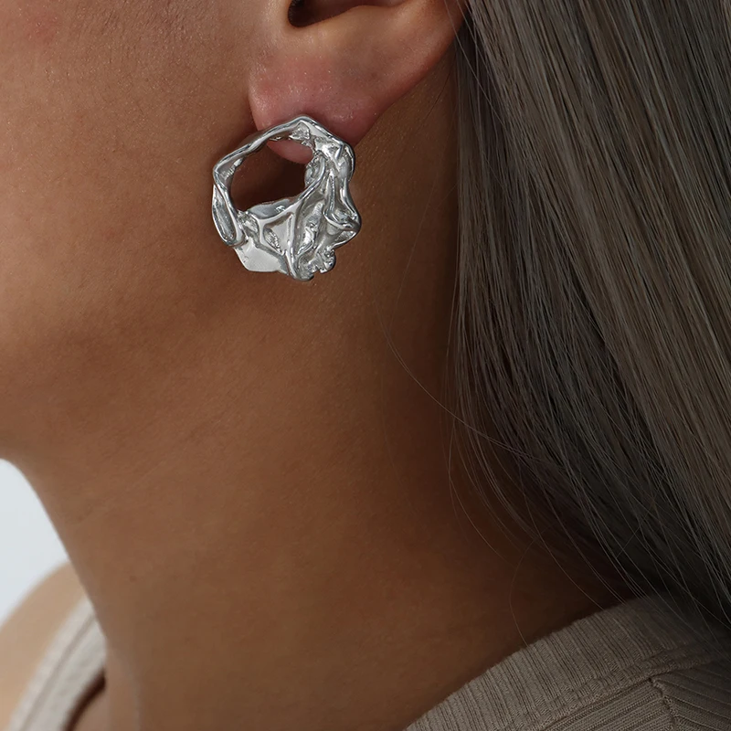 Folded Geometric Design Earrings Personalized Hollow Embossed Exaggerating Style Earrings with Creative Colorless Jewelry