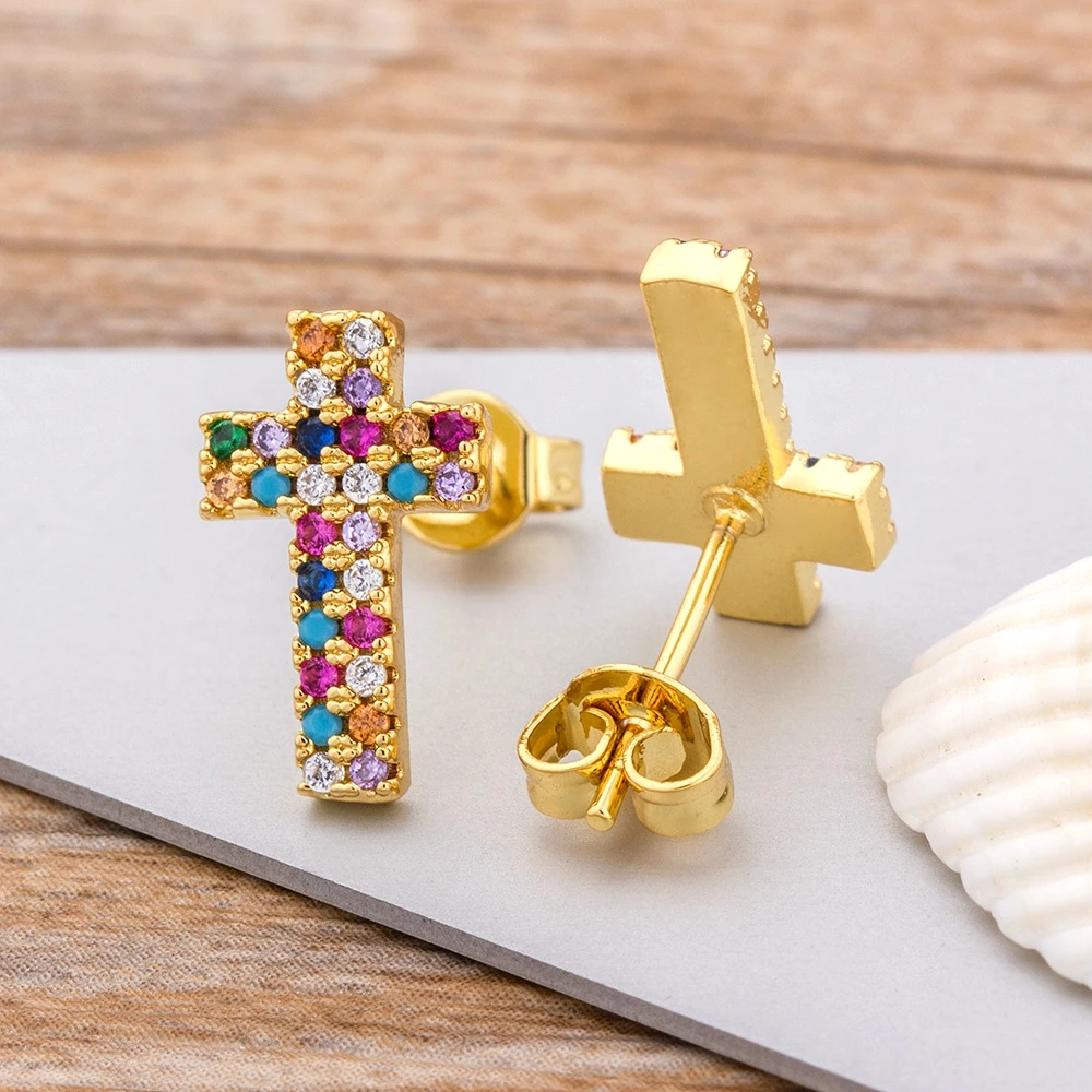 Top Quality 28 Styles Rainbow Cross Stud Earrings Gold Color Micro Pave CZ Delicate Fashion Women Girls Fine Party Jewelry Gift