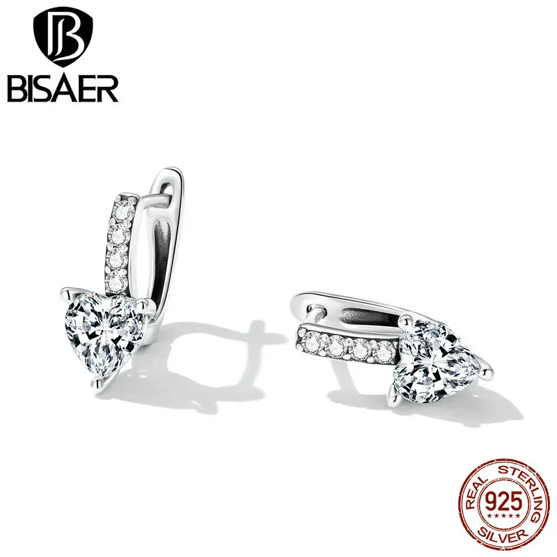 BISAER 925 Sterling Silver Ear Buckles Sparkling Heart For Women Delicate Earrings Fine Jewelry Anniversary Wedding EFE657Produc