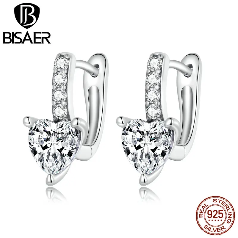 BISAER 925 Sterling Silver Ear Buckles Sparkling Heart For Women Delicate Earrings Fine Jewelry Anniversary Wedding EFE657Produc