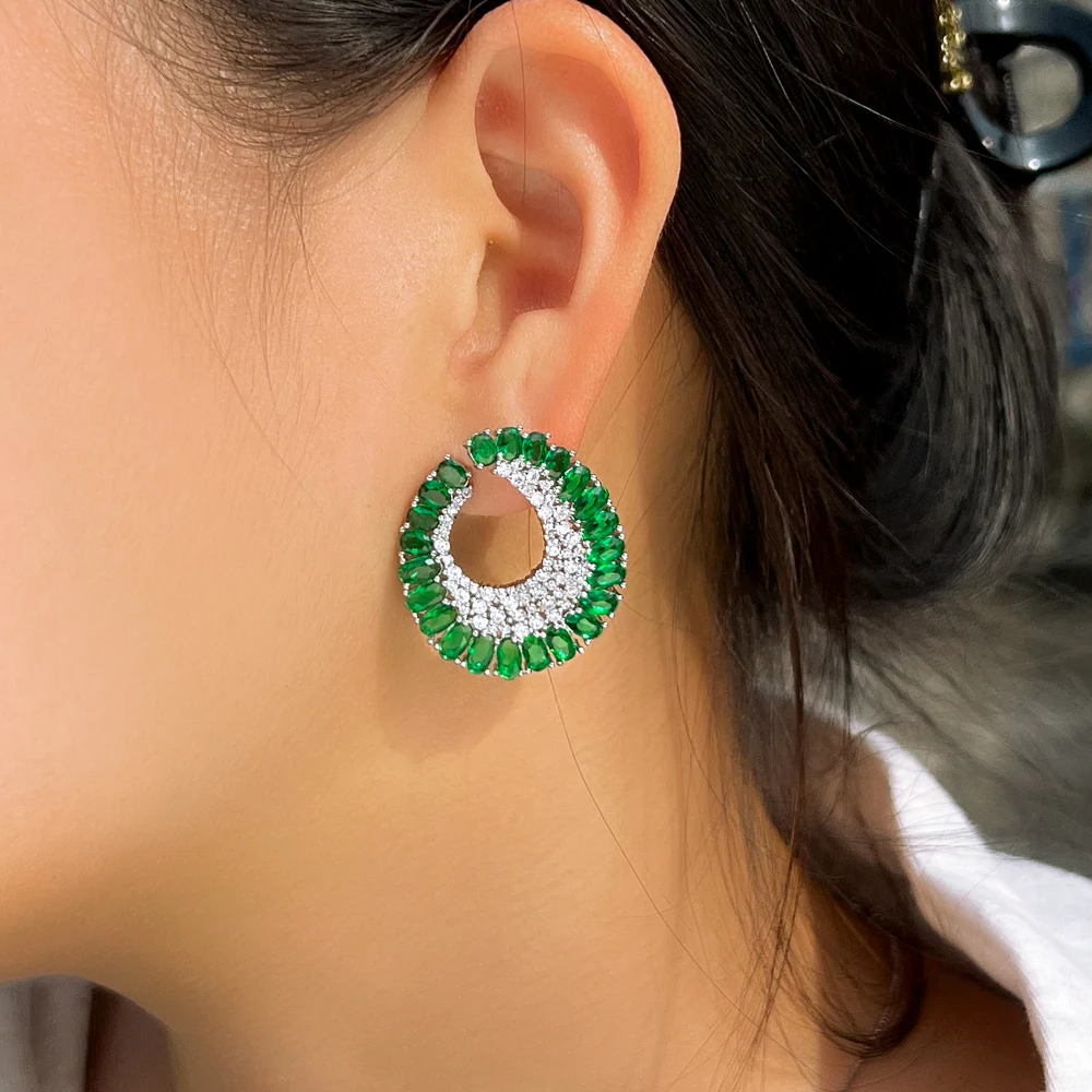 BeaQueen Luxury Oval Shape Green CZ Full Cubic Zirconia Stone Big Stud Earring Fashion Jewelry Gift for Women Wedding Party E666