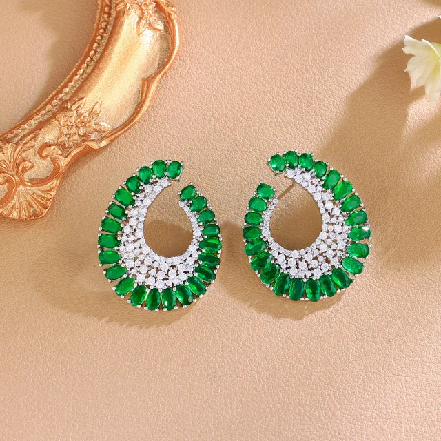 BeaQueen Luxury Oval Shape Green CZ Full Cubic Zirconia Stone Big Stud Earring Fashion Jewelry Gift for Women Wedding Party E666