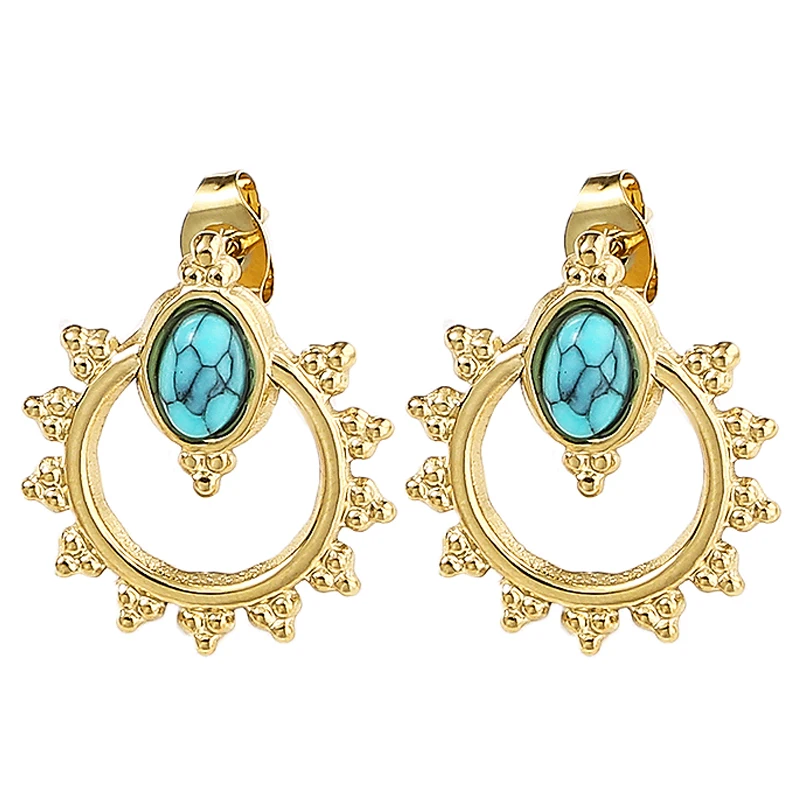 Turquoise Dangle Earring Women Gold Color Delicate Vintage Green Natural Stone Hollow Sun Flower Stainless Steel Earring Jewelry
