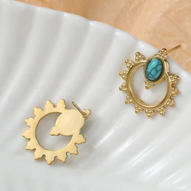 Turquoise Dangle Earring Women Gold Color Delicate Vintage Green Natural Stone Hollow Sun Flower Stainless Steel Earring Jewelry