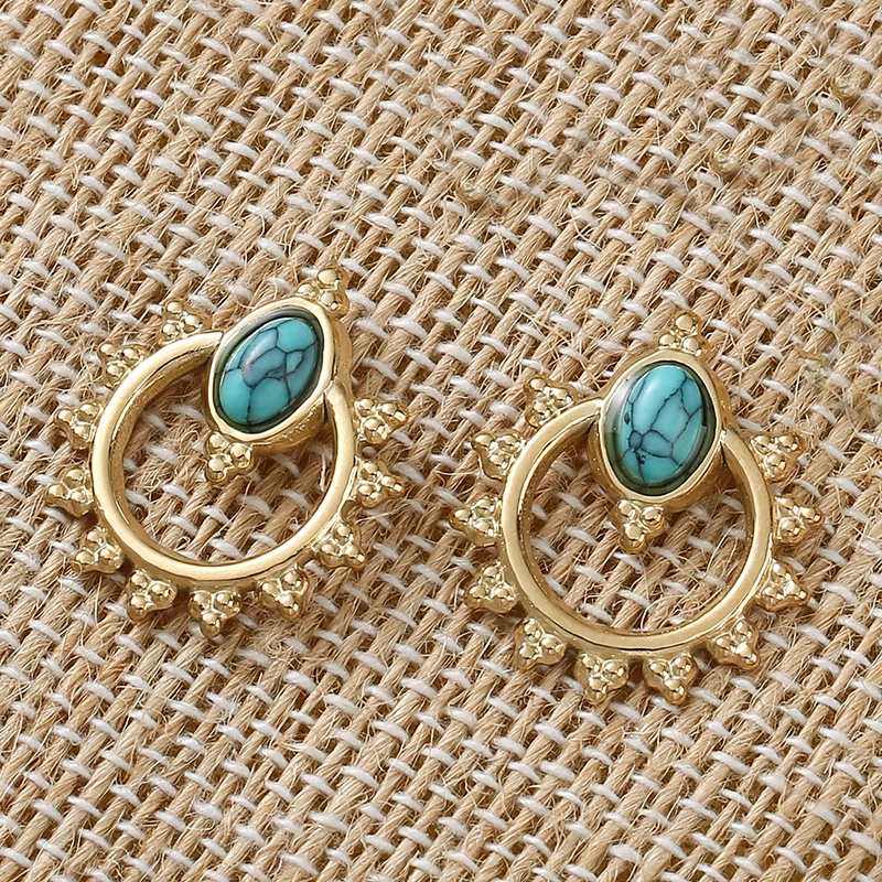 Turquoise Dangle Earring Women Gold Color Delicate Vintage Green Natural Stone Hollow Sun Flower Stainless Steel Earring Jewelry