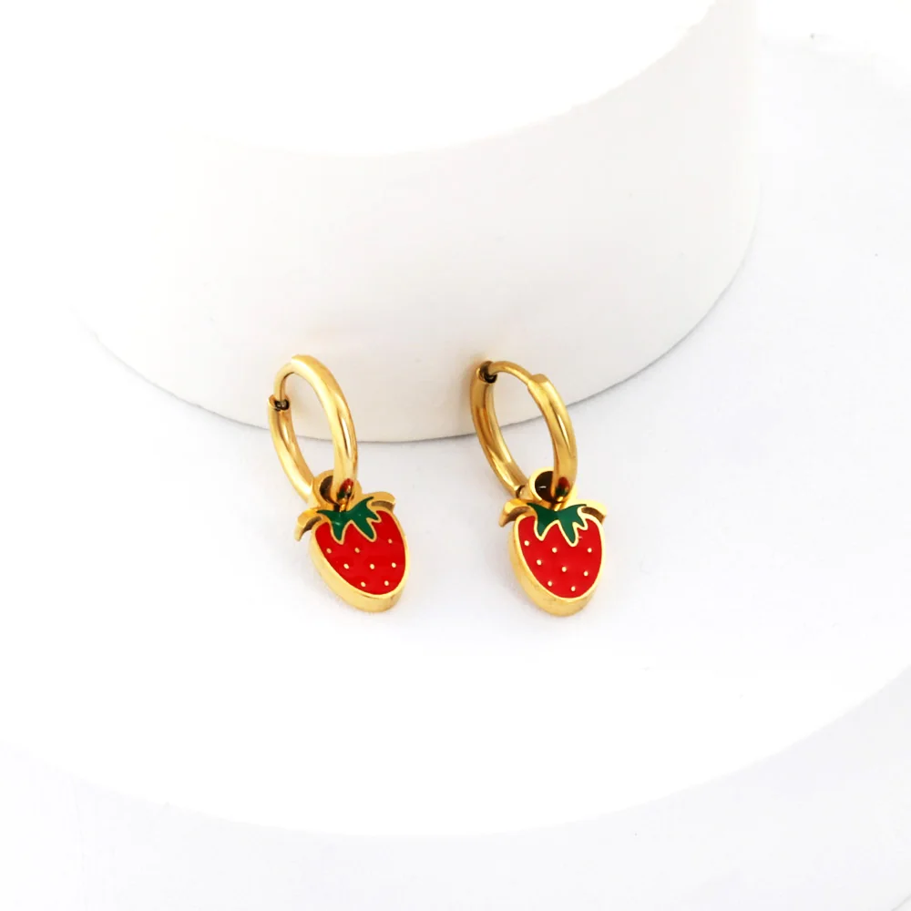 Strawberry Hoop Earrings For Women Girls Korean Cute 18K Gold Plated Stainless Steel Piercing Casual Baby Stud Earrings
