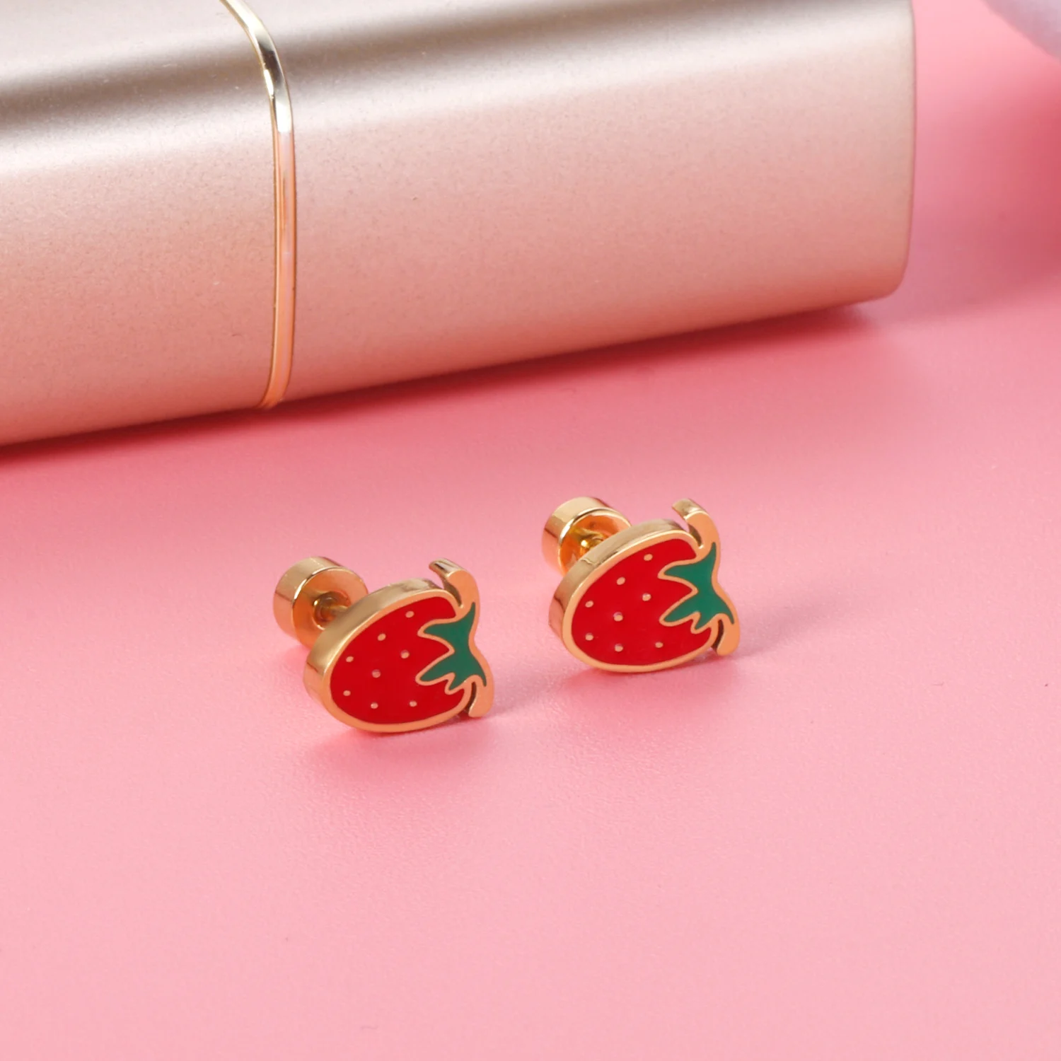 Strawberry Hoop Earrings For Women Girls Korean Cute 18K Gold Plated Stainless Steel Piercing Casual Baby Stud Earrings