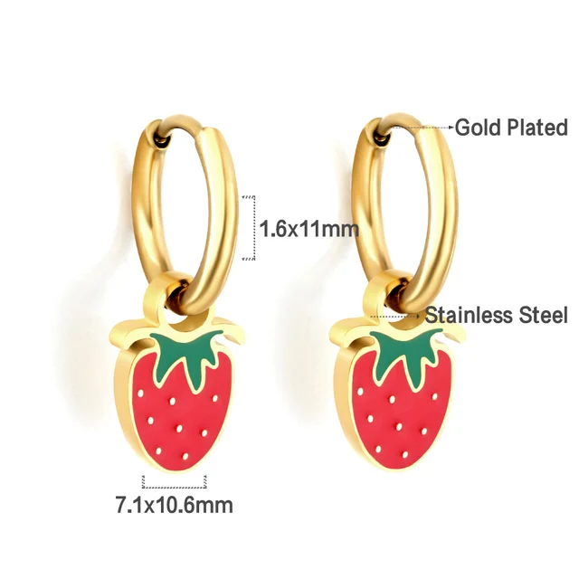 Strawberry Hoop Earrings For Women Girls Korean Cute 18K Gold Plated Stainless Steel Piercing Casual Baby Stud Earrings
