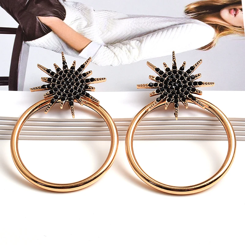 Fashion Punk Gold Color Earrings For Women Alloy Round Crystal Dangle Earrings Ladies Metal Earring jewelry Accessories
