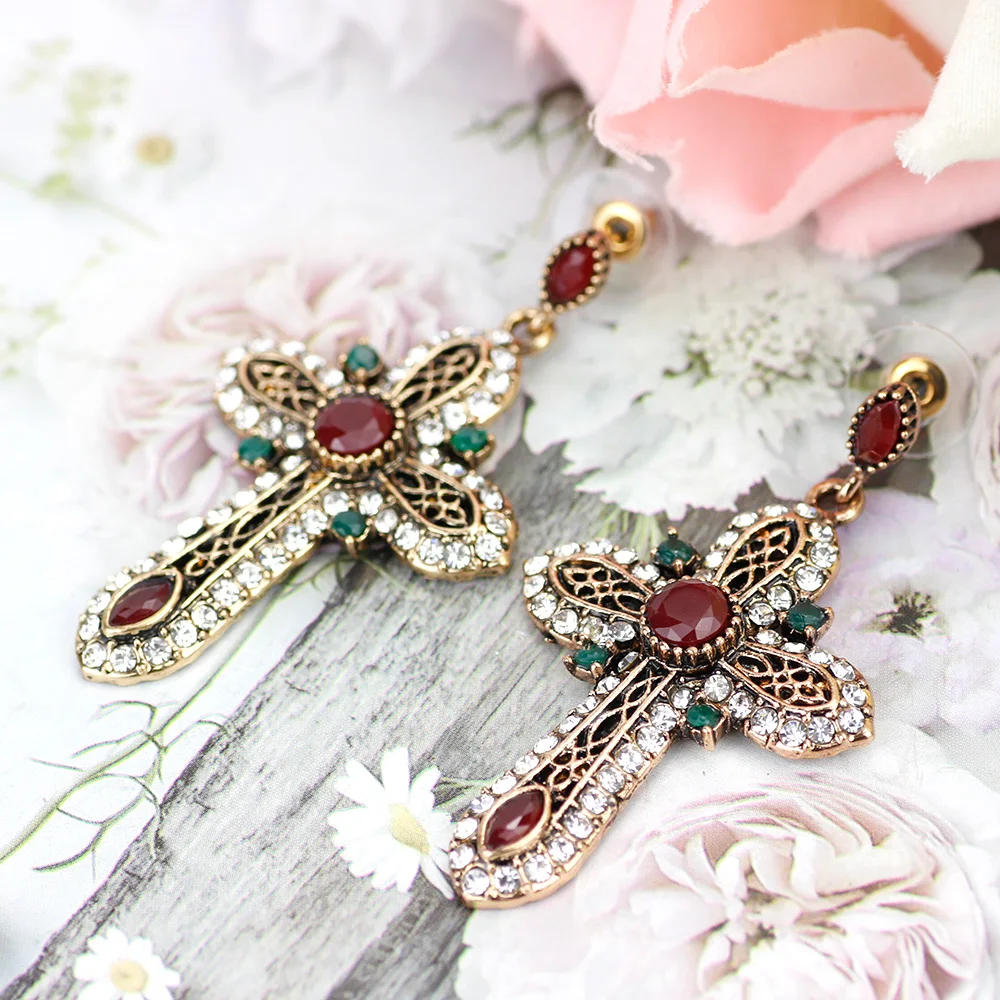 Sunspicems Vintage Turk Cross Earring Long Dangle Earring For Women Antique Gold Color Resin Crystal Multicolor Religion Jewelry