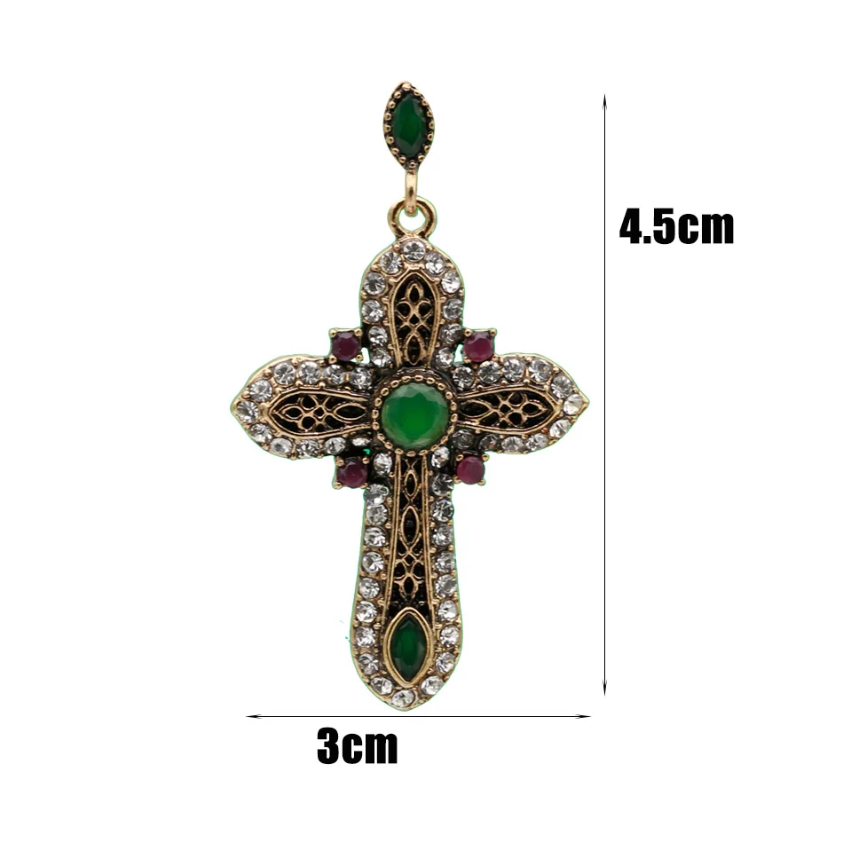 Sunspicems Vintage Turk Cross Earring Long Dangle Earring For Women Antique Gold Color Resin Crystal Multicolor Religion Jewelry