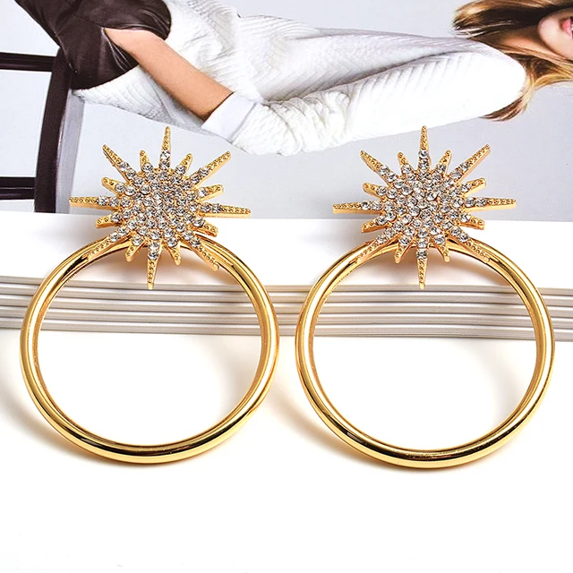 Fashion Punk Gold Color Earrings For Women Alloy Round Crystal Dangle Earrings Ladies Metal Earring jewelry Accessories