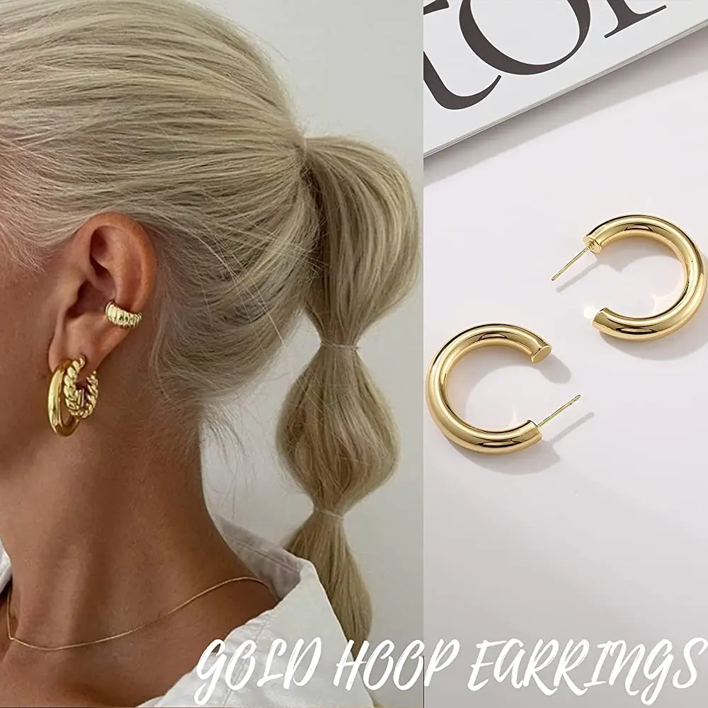 14K Gold Hoop Earrings Set for Women 6 Pairs Plated Lightweight Hypoallergenic Chunky Open Hoops Set 2023 Trendy Jewelry Gifts