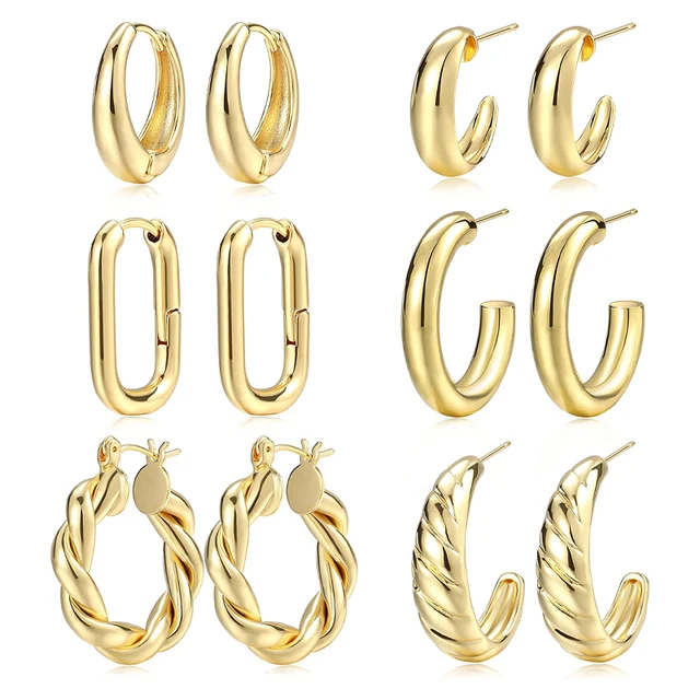 14K Gold Hoop Earrings Set for Women 6 Pairs Plated Lightweight Hypoallergenic Chunky Open Hoops Set 2023 Trendy Jewelry Gifts