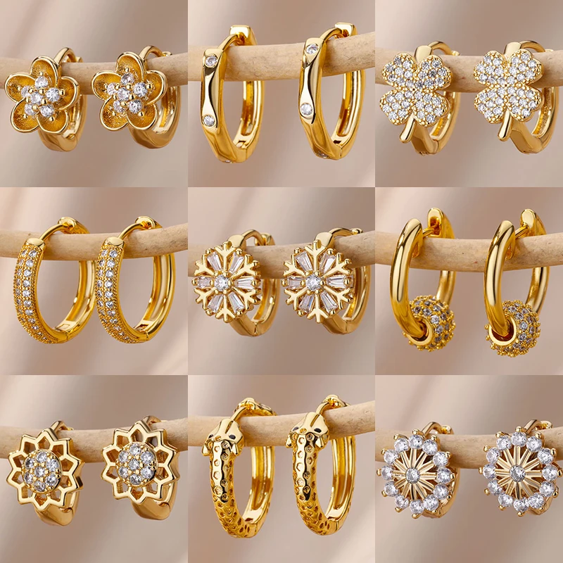 Zircon Snowflake Earrings For Women Gold Color Stainless Steel Flower Geometric Hoop Earring Aesthetic Luxury Wedding Jewerly