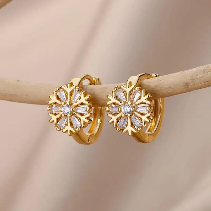 Zircon Snowflake Earrings For Women Gold Color Stainless Steel Flower Geometric Hoop Earring Aesthetic Luxury Wedding Jewerly