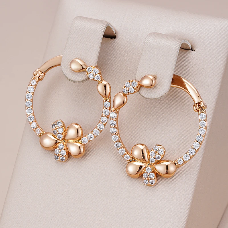 Kinel Innovative 585 Rose Gold Color Drop Earrings Luxury Elegant Crystal Flower Earrings for Woman Fashion Vintage Jewelry