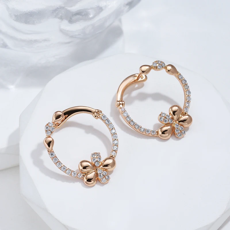 Kinel Innovative 585 Rose Gold Color Drop Earrings Luxury Elegant Crystal Flower Earrings for Woman Fashion Vintage Jewelry