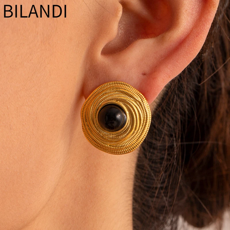 Bilandi Trendy Jewelry Vintage Texture Metal Black Stud Earrings For Women Girl Gift Fine Accessories Hot Sale