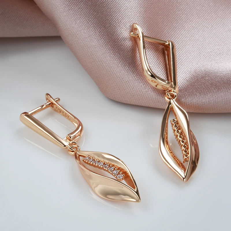585 Rose Gold Color Long Drop Earrings for Women Geometric Zircon Earrings Vintage Bride Wedding Fashion Fine Jewelry