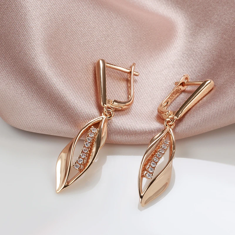 585 Rose Gold Color Long Drop Earrings for Women Geometric Zircon Earrings Vintage Bride Wedding Fashion Fine Jewelry