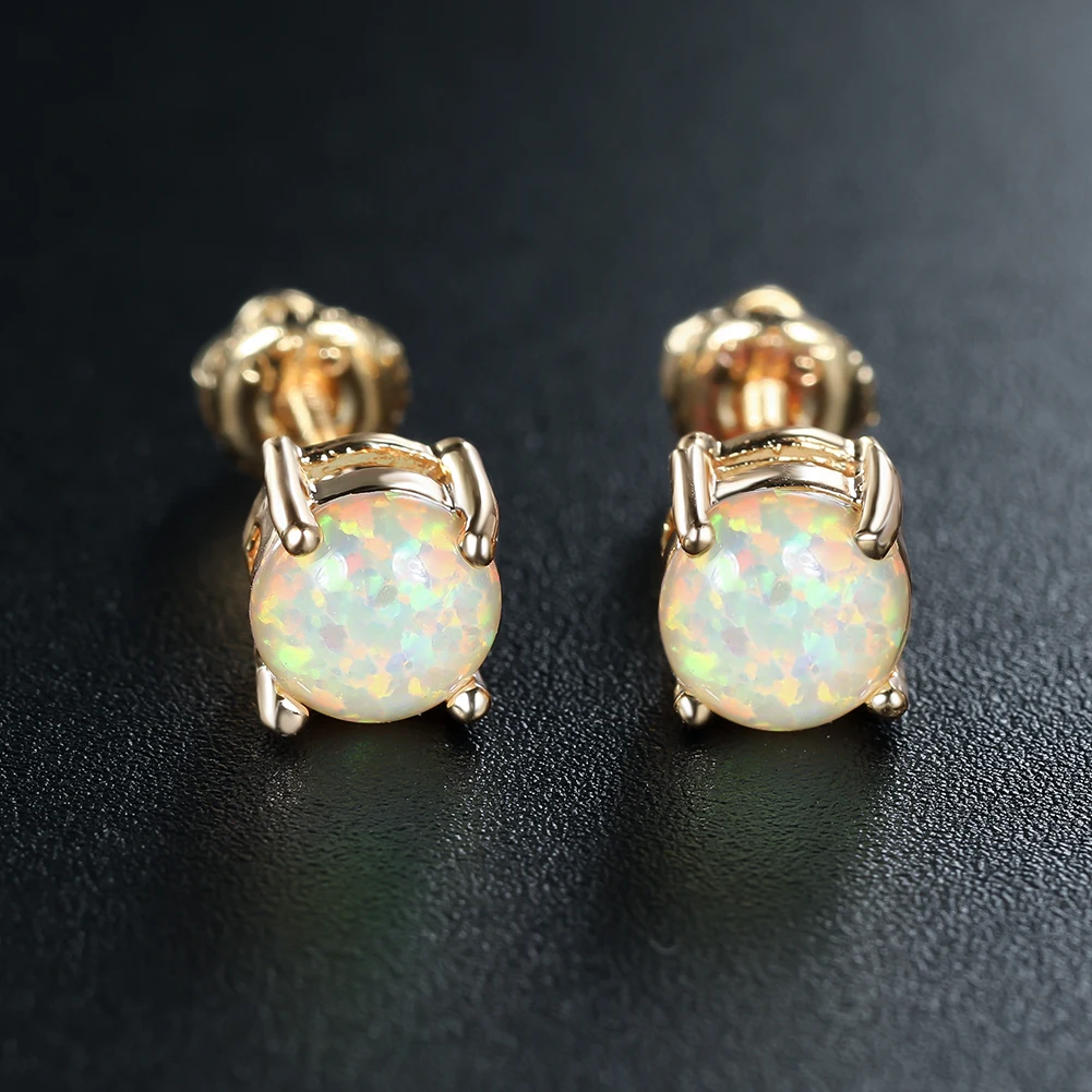 6mm Cute Round Fire Opal Stud Earrings for Women Gold Color Classic 4 Claws Helix Screwing Girls' Earrings Birthstone Jewelry