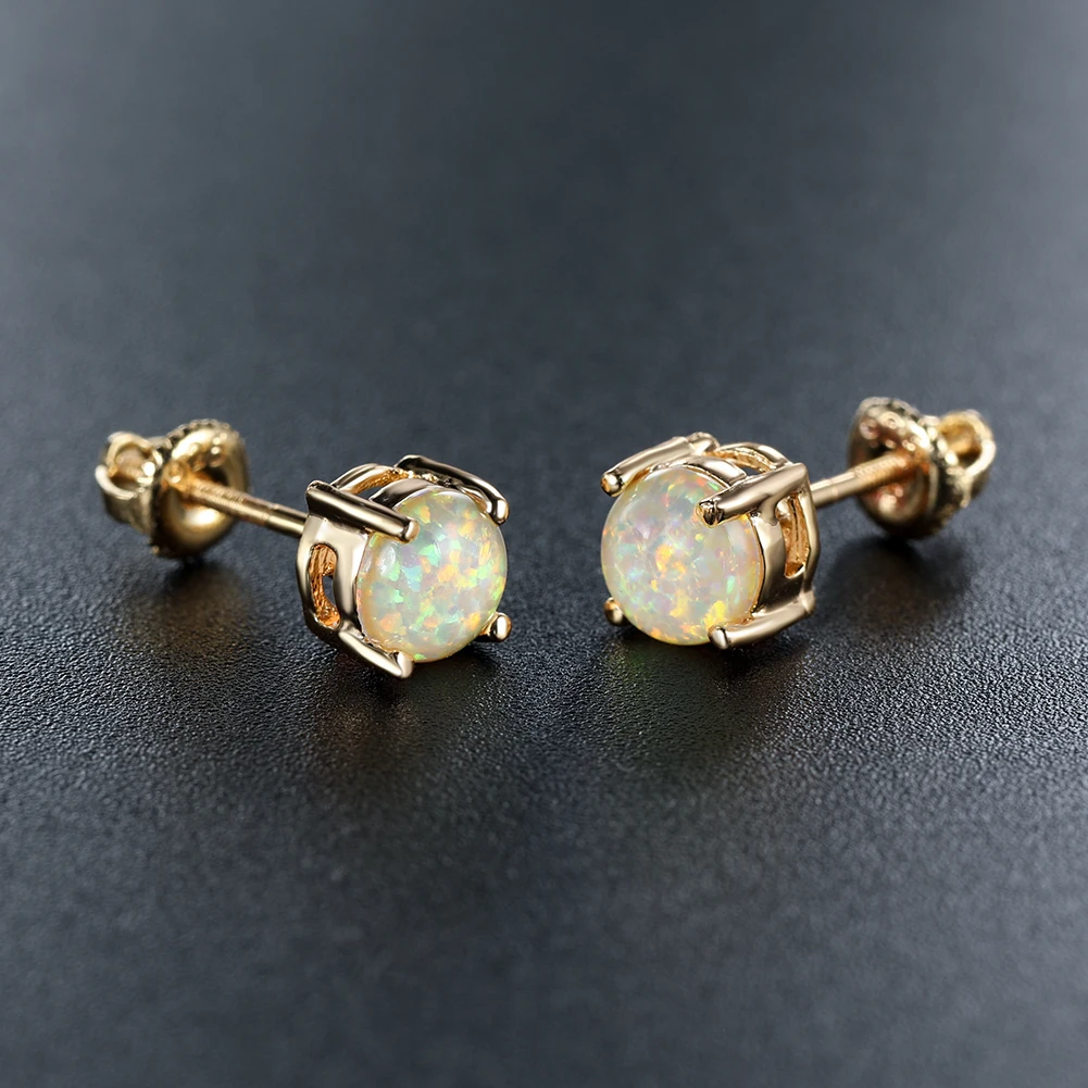 6mm Cute Round Fire Opal Stud Earrings for Women Gold Color Classic 4 Claws Helix Screwing Girls' Earrings Birthstone Jewelry