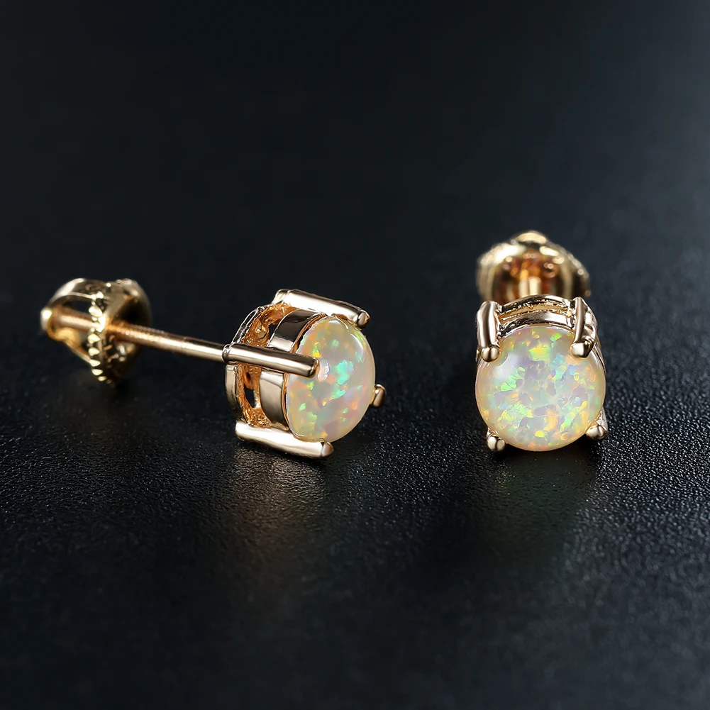 6mm Cute Round Fire Opal Stud Earrings for Women Gold Color Classic 4 Claws Helix Screwing Girls' Earrings Birthstone Jewelry