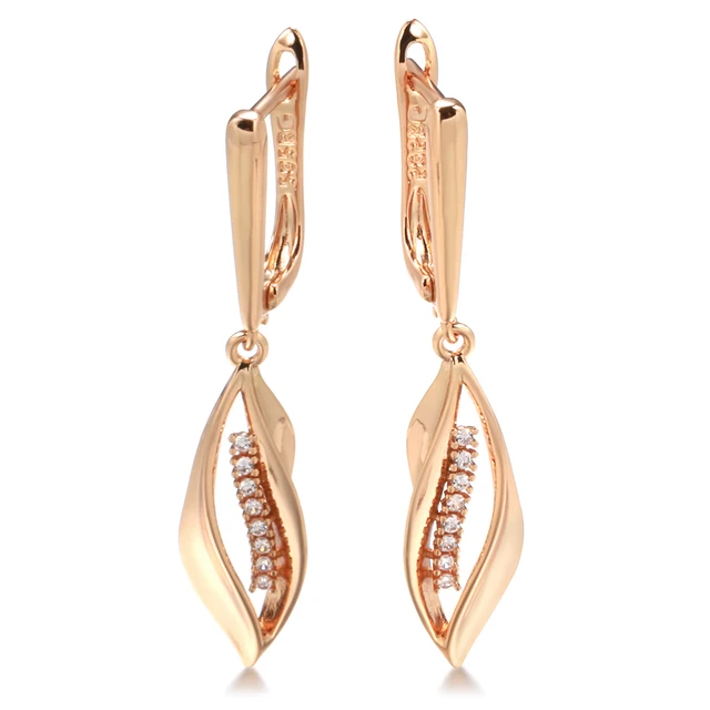 585 Rose Gold Color Long Drop Earrings for Women Geometric Zircon Earrings Vintage Bride Wedding Fashion Fine Jewelry