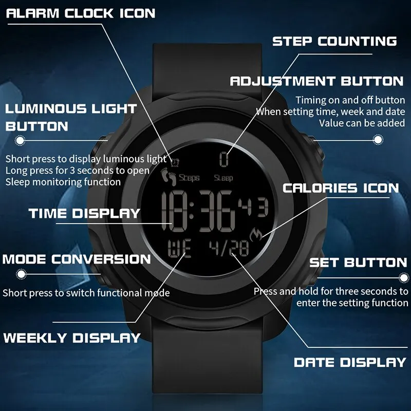SANDA  Men Watches Sports Pedometer Calories 50M Waterproof LED Digital Watch Military Wristwatch Relogio Masculino